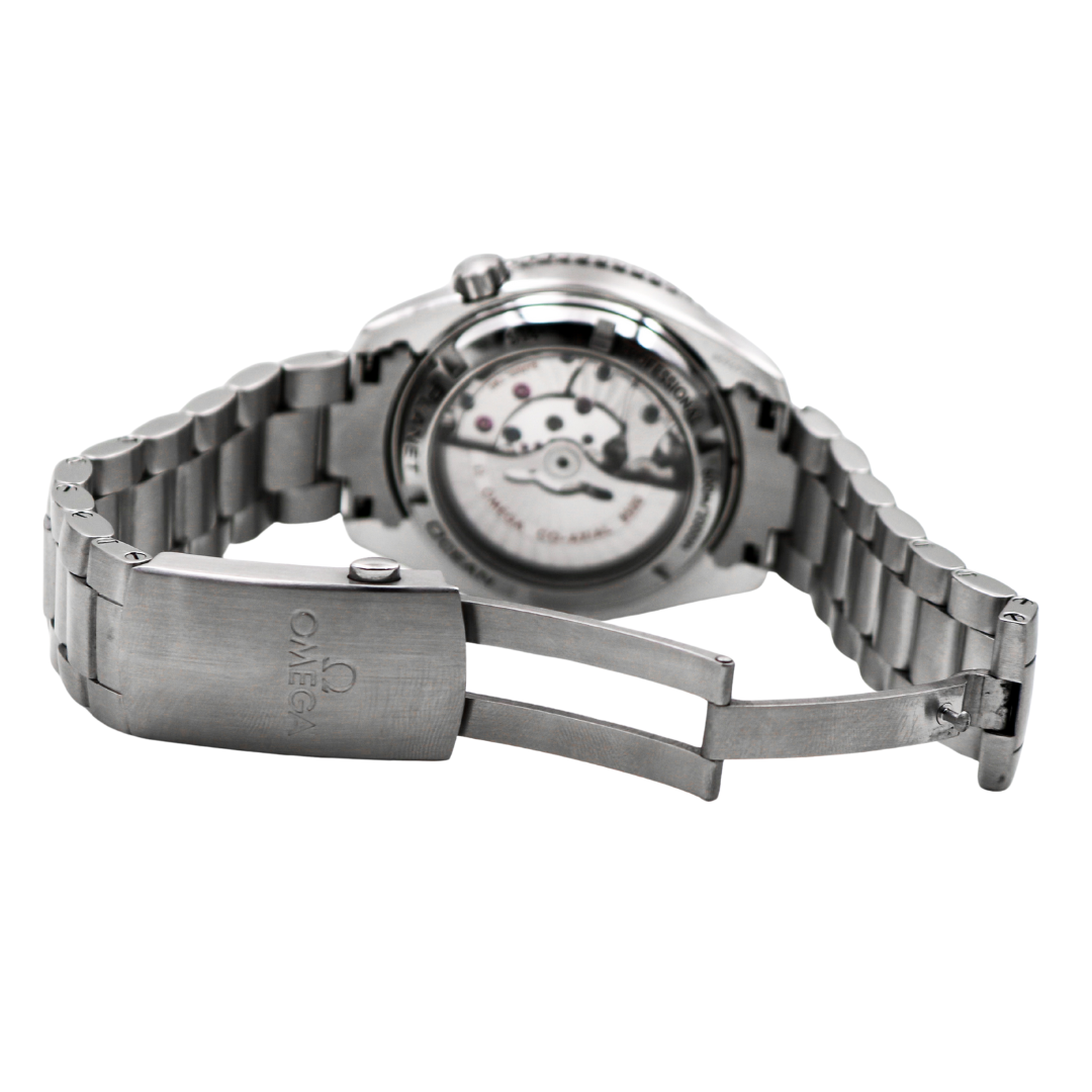 View of the Omega Seamaster Planet Ocean Co-Axial Chronometer watch with the clasp open, highlighting the stainless steel bracelet and the secure fastening mechanism.