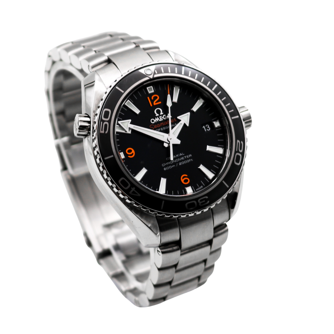 Left side view of the Omega Seamaster Planet Ocean Co-Axial Chronometer watch, highlighting the stainless steel case and crown.