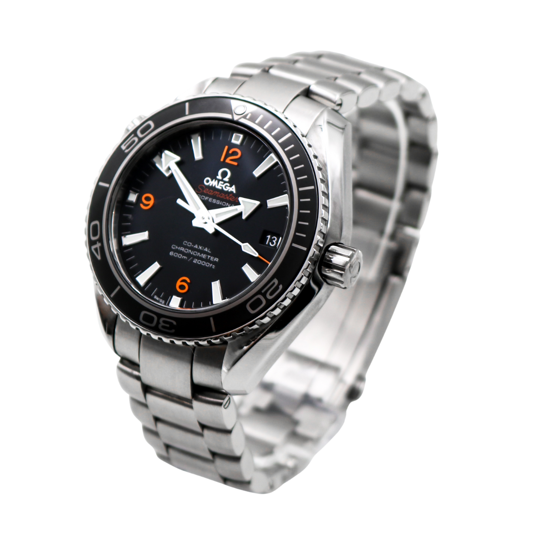 Right side view of the Omega Seamaster Planet Ocean Co-Axial Chronometer watch, showing the stainless steel case and detailing.