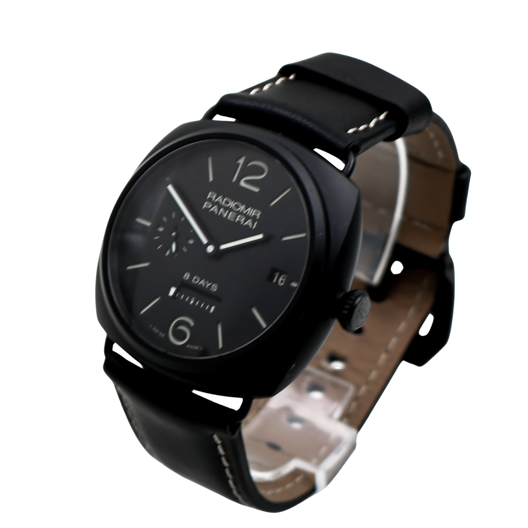 Left side view of the Panerai Radiomir 8 Days watch, highlighting the matte black ceramic case and crown.