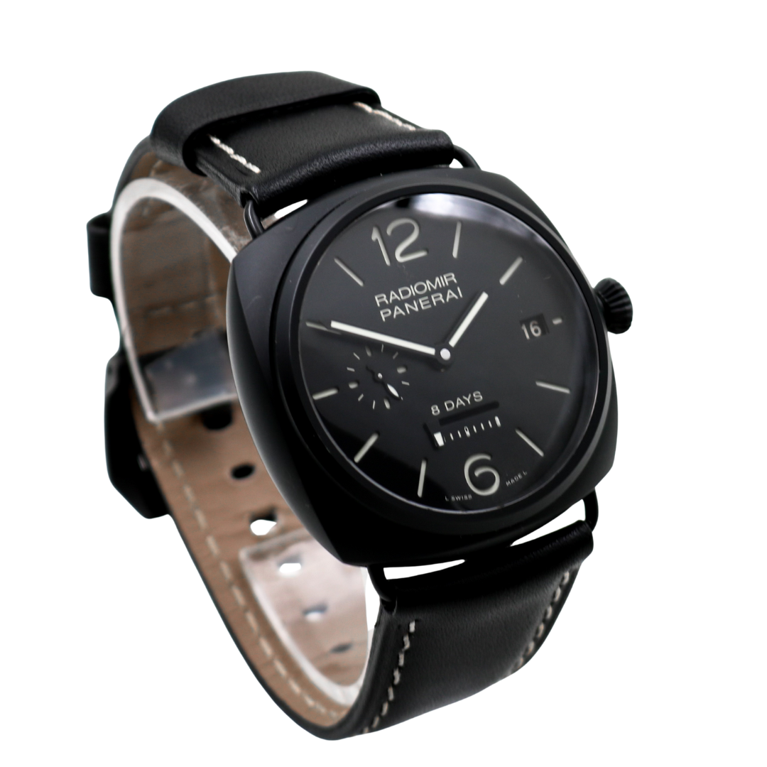 Right side view of the Panerai Radiomir 8 Days watch, showing the matte black ceramic case and crown details.