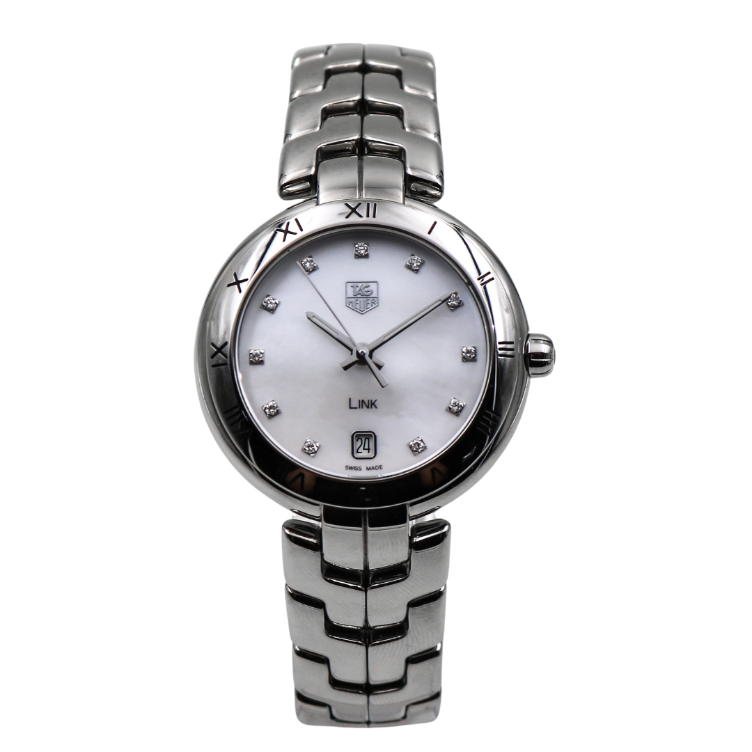 Front view of the TAG Heuer Link Ladies Watch with a polished stainless steel case and bracelet, featuring a mother-of-pearl dial with diamond hour markers.