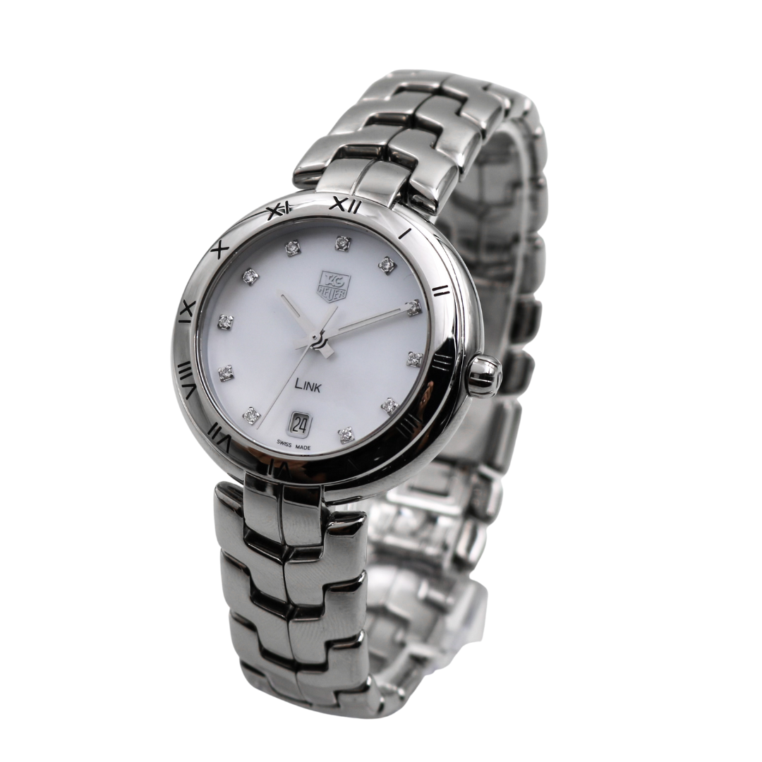 Right side view of the TAG Heuer Link Ladies Watch, showing the detailed design of the stainless steel case and bracelet.